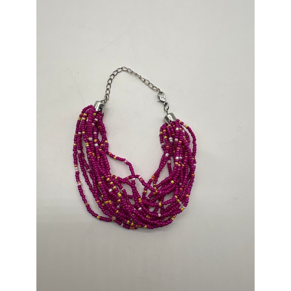 Magenta‎ Pink Multi Strand Seed Bead Bracelet Adjustable Silver Tone Clasp J825